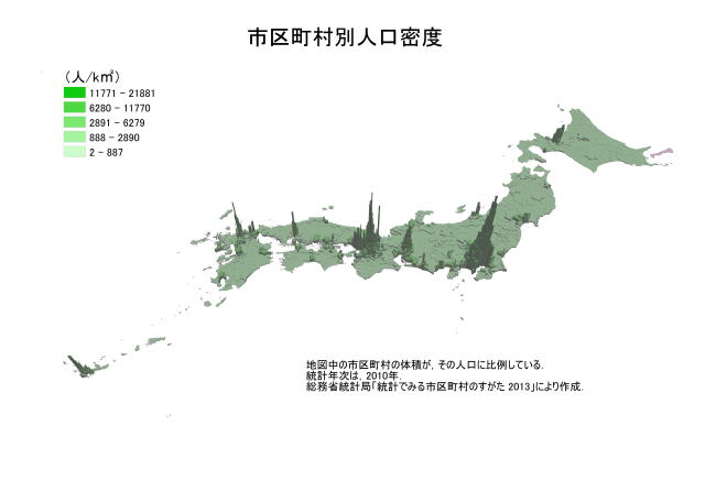 市町村別人口密度の地図