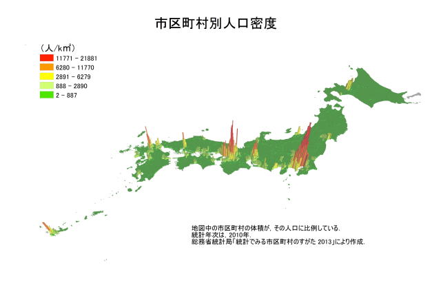 市町村別人口密度の地図