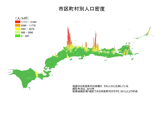 市町村別人口密度の地図