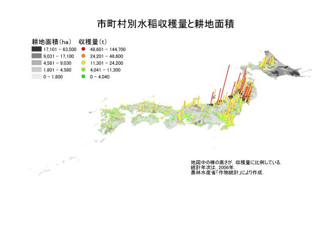 市町村別水稲収穫量と耕地面積の地図