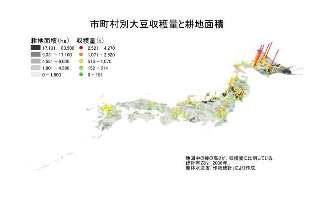 市町村別大豆収穫量と耕地面積の地図