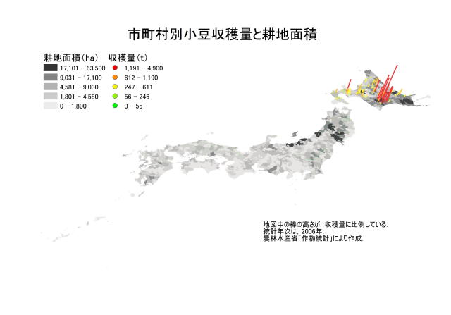 市町村別小豆収穫量と耕地面積の地図