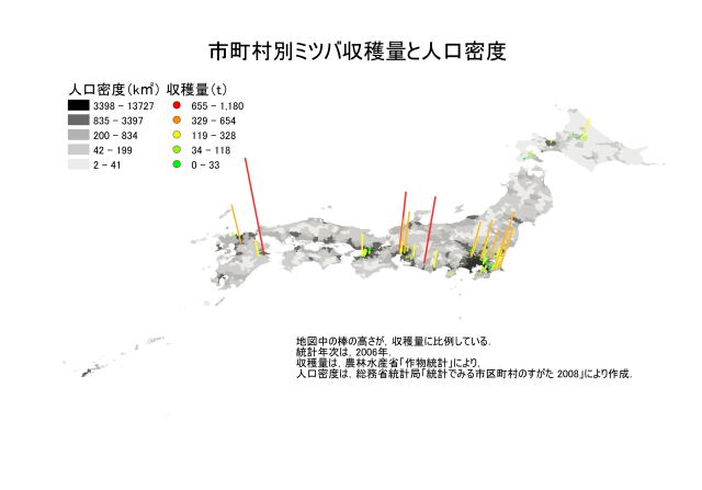 市町村別ミツバ収穫量と人口密度の地図
