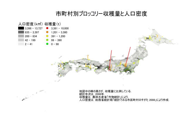 市町村別ブロッコリー収穫量と人口密度の地図