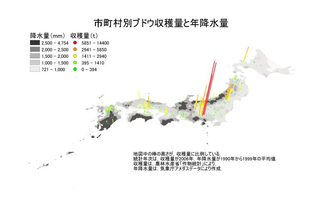 市町村別ブドウ収穫量と降水量の地図