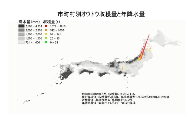 市町村別オウトウ収穫量と降水量の地図