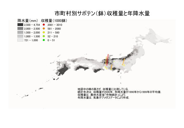 市町村別サボテン収穫量と降水量の地図