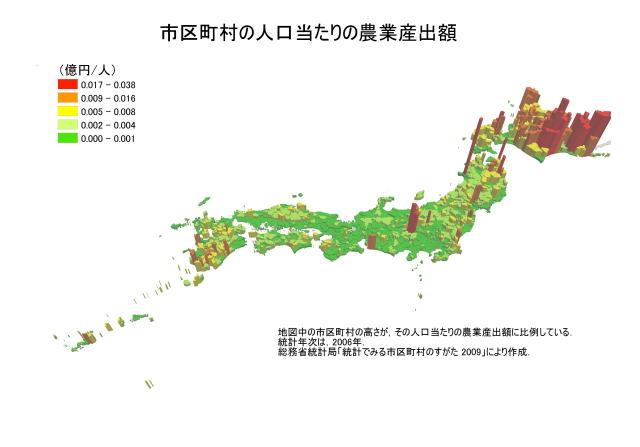 市町村の人口あたりの農業産出額