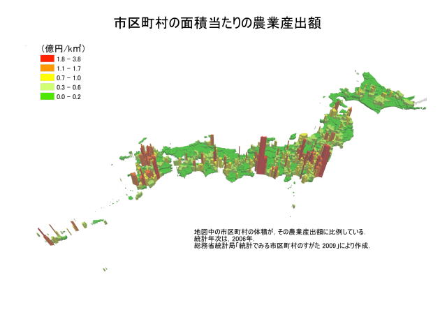 市町村の面積あたりの農業産出額